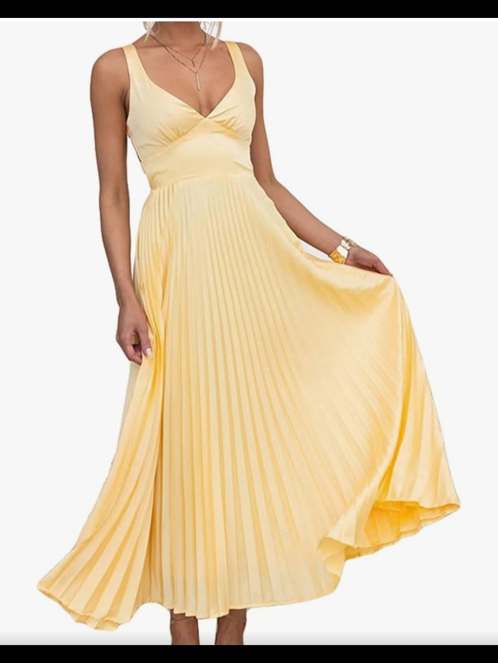 Yellow Pleated Backless Maxi Dress - Elegant Summer Style